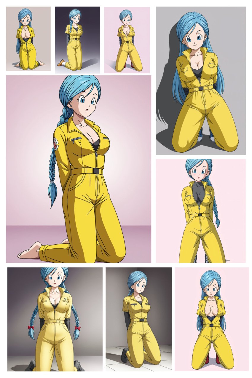 ai_generated big_breasts blue_eyes bodysuit braided_hair bulma_(dragon_ball_super_superhero) bulma_briefs civitai dragon_ball dragon_ball_super dragon_ball_super_super_hero full_body jumpsuit kneeling large_breasts long_hair multiple_views nipple_slip nipples short_hair straight_hair yellow_jumpsuit