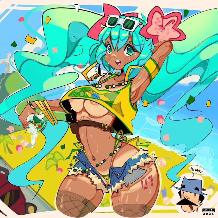 1girls 2024 absurdres artist_name ass beach big_ass big_breasts big_thighs blue_eyes blue_hair bracelet brazil brazilian brazilian_female brazilian_miku breasts breasts_out chelo confetti cyan_eyes cyan_hair dark-skinned_female dark_skin ear_piercing earrings female female_only flower flower_in_hair hair_flower hair_ornament hatsune_miku highres huge_ass huge_thighs latin_american_hatsune_miku_(meme) long_hair looking_at_viewer medium_breasts navel navel_piercing necklace nipples open_mouth raised_shirt sea shirt short_shorts shorts solo stockings sunglasses sunglasses_on_head tagme tan tan_body tan_skin tanline tattoo thick_hips thick_thighs thighs twintails underboob very_long_hair vocaloid watermark yellow_shirt