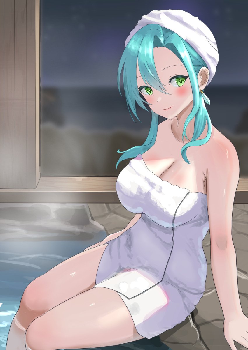 1girls alternate_hairstyle arm_support bare_arms bare_shoulders bare_thighs blush breasts chloe_(fire_emblem) earrings female female_only fire_emblem fire_emblem_engage hair_between_eyes medium_breasts naked_towel night nintendo onsen short_hair shoulders sidelocks sitting smile solo steam tarutaru193 thighs towel