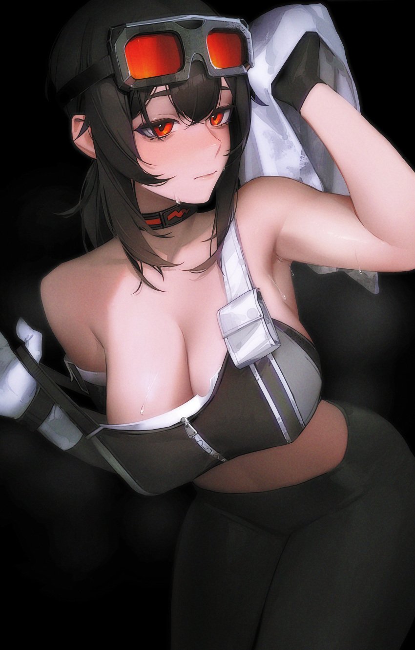 1girls armpit armpit_crease armpit_sweat armpits big_breasts busty cleavage curves curvy female female_only goggles goggles_on_head grace_howard hoyoverse huge_breasts large_breasts light-skinned_female light_skin limart massive_breasts mechanic mihoyo red_eyes sweat sweating sweaty sweaty_armpits tomboy towel wiping_sweat zenless_zone_zero