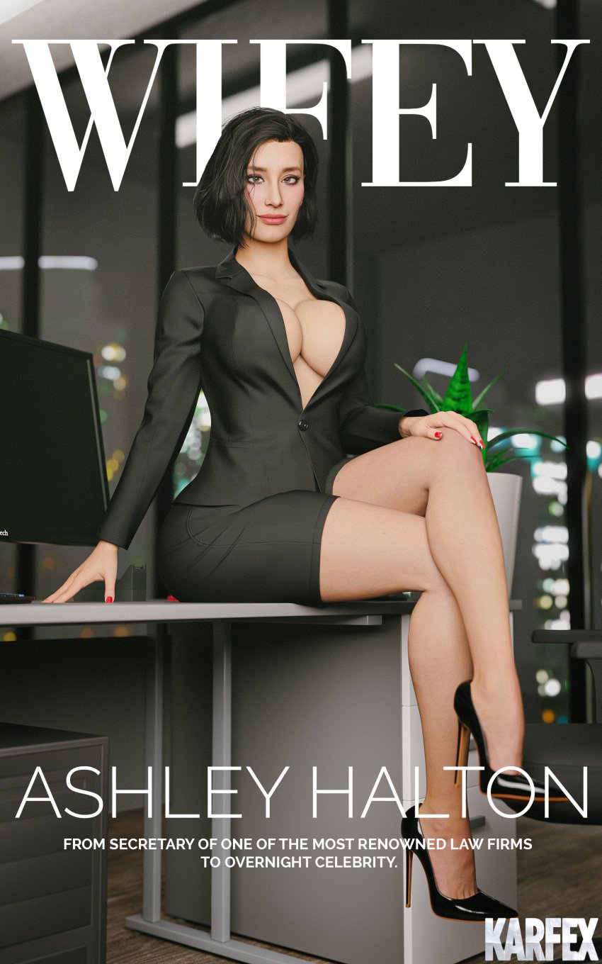 3d ashley_(karfex) cheating cheating_wife cleavage heels high_heels jacket karfex legs magazine magazine_cover netorare ntr skirt stiletto_heels tagme very_high_heels wife