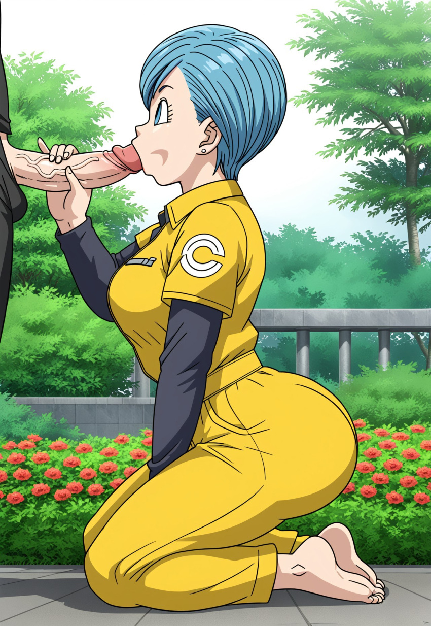 1boy ai_generated big_ass big_breasts big_butt blowjob blue_eyes blue_hair bodysuit bulma_briefs civitai dragon_ball dragon_ball_super dragon_ball_super_super_hero fellatio female full_body huge_ass jumpsuit kneeling large_breasts penis short_hair side_view yellow_jumpsuit