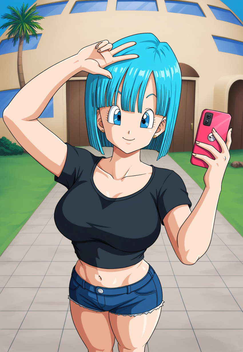 ai_generated big_breasts blue_eyes blue_hair bob_cut bulma_briefs bulma_briefs_(frieza_saga) civitai denim_shorts dragon_ball dragon_ball_z holding_object holding_phone large_breasts object_in_hand selfie selfie_pose shirt shorts smartphone straight_hair