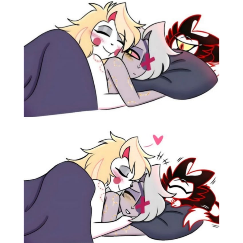 after_sex bite bite_marks blood charlie_morningstar_(hazbin_hotel) cuddling hazbin_hotel keekee_(hazbin_hotel) lesbian_couple vaggie_(hazbin_hotel) wholesome wholesome_nudity wholesome_sex yellow_blood yuri