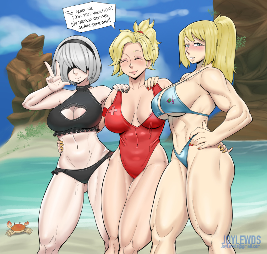 3girls alternate_costume barefoot beach bikini blonde_hair blue_eyes cleavage cleavage_cutout closed_eyes color crossover eastern_and_western_character english_text female female_only hairband huge_ass huge_breasts human joylewds mercy metroid multiple_crossover multiple_girls muscular muscular_female naughty_face navel nier:_automata nintendo one-piece_swimsuit outdoors overwatch ponytail samus_aran seductive seductive_smile smile speech_bubble standing swimsuit text thick_thighs thighs toned_female v vacation white_hair yorha_2b