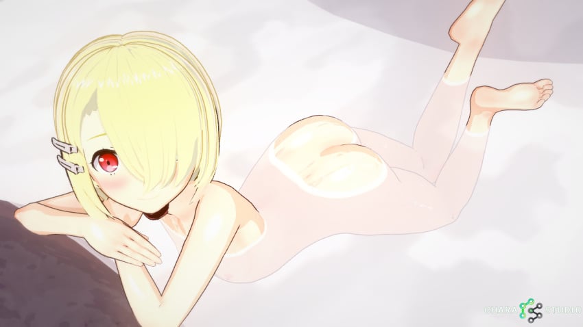 1girls aku_(maou-sama_retry) ass bangs bath bathing blonde_hair female female_only looking_at_viewer maou-sama_retry red_eye red_eyes water