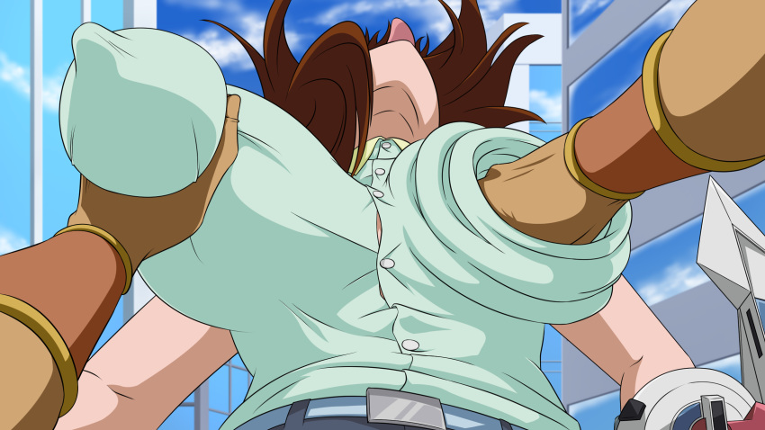 91girls alternate_breast_size breast_grab breast_punch breasts brown_hair female huge_breasts punch tea_gardner yu-gi-oh! yuu-gi-ou_duel_monsters