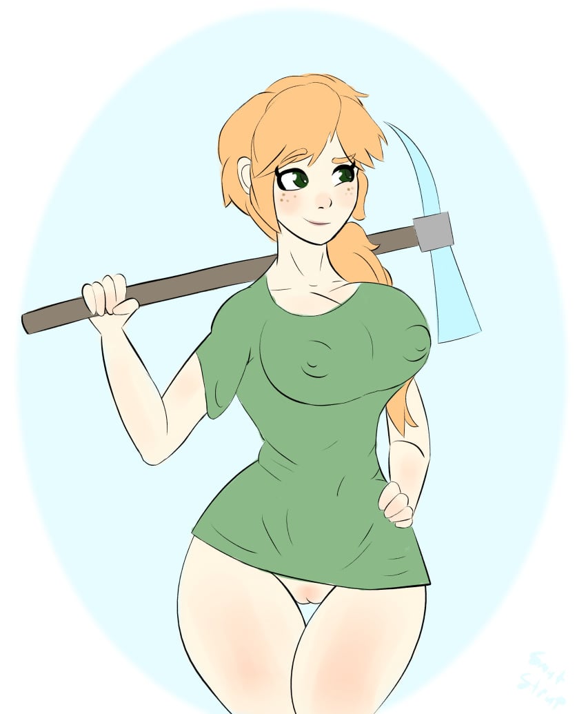 1girls alex_(minecraft) axe big_breasts bottomless breasts casual female freckles green_eyes human minecraft no_panties no_pants pickaxe pussy red_hair smile smutstrut thick_thighs tools vagina weapon