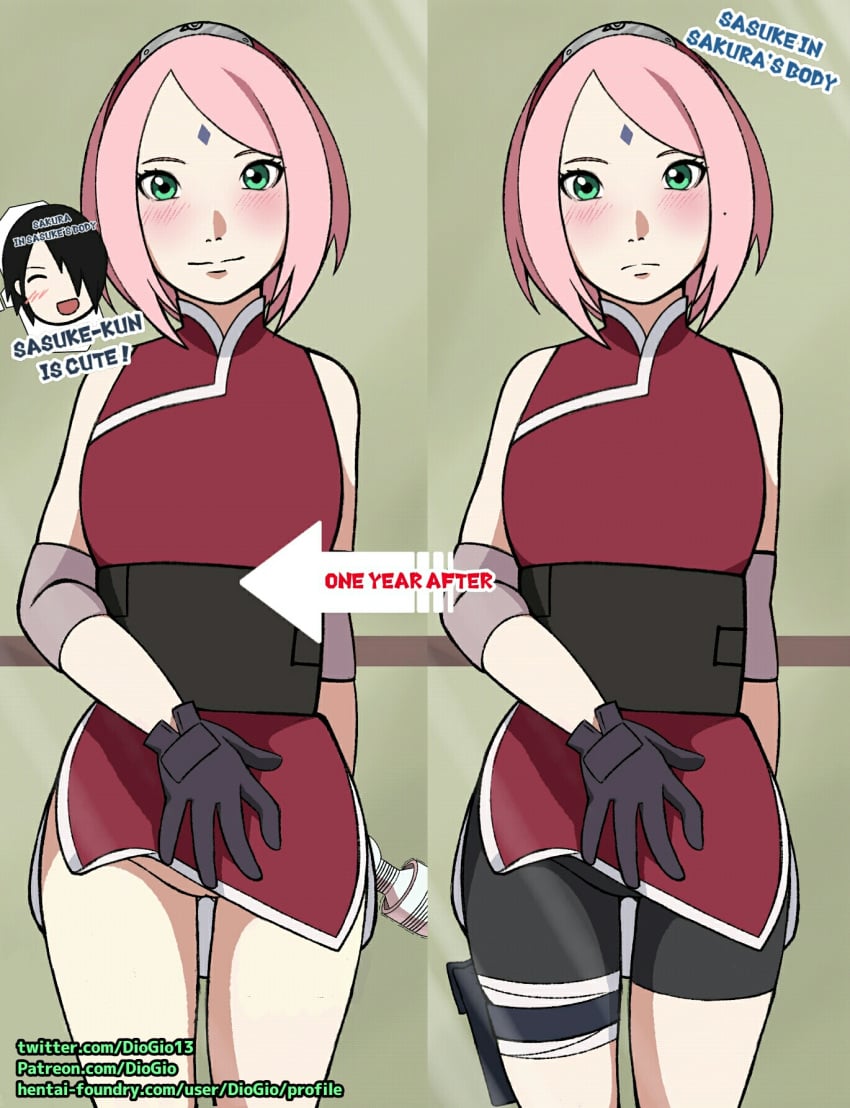 bike_shorts blush clothing couple dialogue diogio elbow_pads female female_focus female_only forehead_jewel fully_clothed gloves green_eyes looking_at_viewer naruto naruto:_the_last naruto_(series) naruto_shippuden no_panties no_pants pink_hair pussy sakura_haruno sasuke_uchiha short_shorts shorts solo solo_female solo_focus text vagina