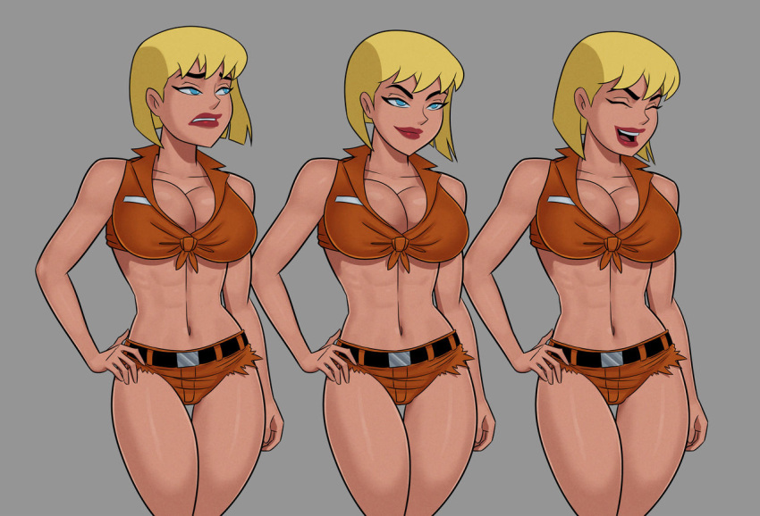 1girls abs blonde_hair busty cleavage dc dc_comics dcau female female_only fully_clothed galatea huge_breasts justice_league_unlimited lipstick makeup muscular_female naughty_face revealing_clothes seductive seductive_smile short_hair skimpy_clothes smile solo sunsetriders7 tagme thick_thighs