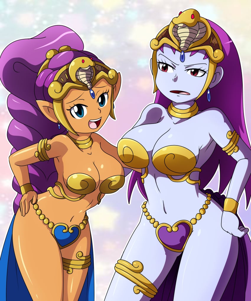 2girls arabian_clothes bare_shoulders big_breasts blue_eyes bracelet breast_size_difference breasts cleavage crown dancer_outfit dancer_risky_boots dancer_shantae dark-skinned_female dark_skin earrings female female_only hair_ornament hand_on_hip harem_outfit jewelry large_breasts looking_at_viewer navel open_mouth ponytail purple_hair purple_skin red_eyes revealing_clothes risky_boots shantae shantae_(character) simple_background smooth_skin teeth thighlet thighs tongue wide_hips