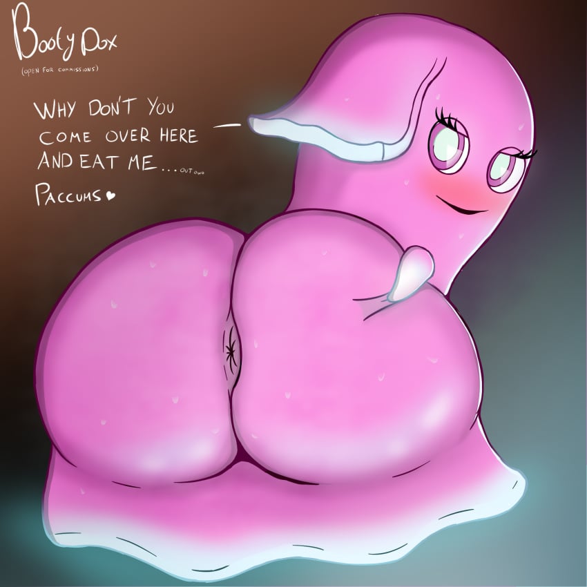 1girls anus ass big_ass big_butt blush bootydox butt butt_grab cute eyelashes female female_only ghost huge_ass huge_butt inviting inviting_to_sex looking_at_viewer looking_back namco pac-man pac-man_(series) pac-man_and_the_ghostly_adventures pink_body pink_eyes pink_skin pinky pinky_(pac-man) simple_background solo solo_female spread_ass spreading sweat