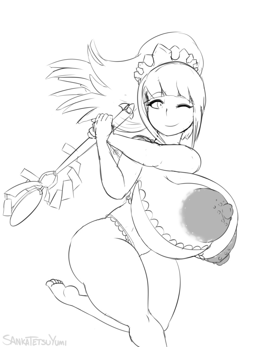 areola areolae big_breasts big_nipples bimbo bouncing_breasts breasts felicia_(fire_emblem) female fire_emblem fire_emblem_fates gigantic_breasts glands_of_montgomery headdress holding_weapon huge_areolae huge_breasts hyper_areola hyper_breasts hyper_nipples iron-0xide large_breasts line_art lineart mace maid monochrome nipples partially_clothed ponytail puffy_areola puffy_nipples running sanka-tetsu scepter shortstack signature small_but_busty smile solo swinging_breasts thick_thighs tiara weapon white_background wink winking