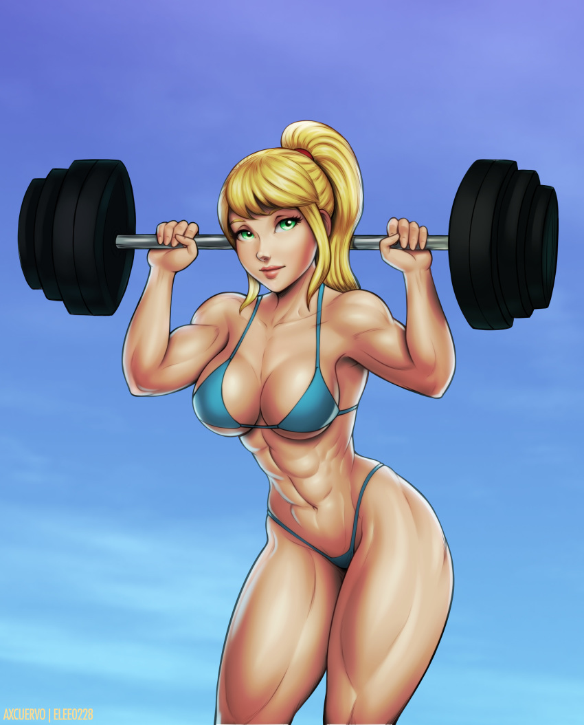 1girls abs ag221b axcuervo bikini breasts cleavage elee0228 female female_only looking_at_viewer metroid muscles muscular muscular_female nintendo samus_aran solo weightlifting weights