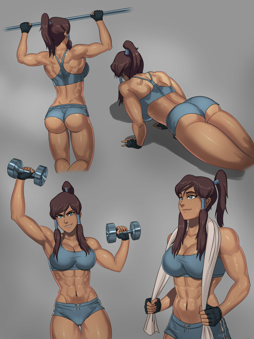 1girls 5_fingers abs alternate_breast_size armpit armpits arms_up artist_name ass athletic athletic_female avatar_legends back back_muscles bare_shoulders biceps big_ass big_breasts big_butt black_gloves blue_eyes booty_shorts bra breasts brown_hair brown_skin bubble_butt busty butt cleavage clothed clothed_female clothes clothing color colored dark-skinned_female dark_skin dat_ass deltoids dumbbell exercise facing_viewer female female_focus female_only female_protagonist fingerless_gloves fit fit_female fully_clothed gloves grey_background gym_shorts gym_uniform hair_tubes holding holding_object huge_ass huge_breasts human human_only korra large_breasts long_hair looking_at_viewer muscle muscles muscular muscular_female naughty_face navel open_eyes plain_background ponytail pull_up_bar pull_ups push-up revealing_clothes satisfied seductive seductive_smile short_shorts shorts smile smirk smirking solo sports_bra sunsetriders7 sweat sweatdrop sweating sweaty sweaty_breasts teeth the_avatar the_legend_of_korra thick_thighs tied_hair tight_clothing toned toned_female towel triceps water_tribe wedgie weightlifting weights workout workout_clothes