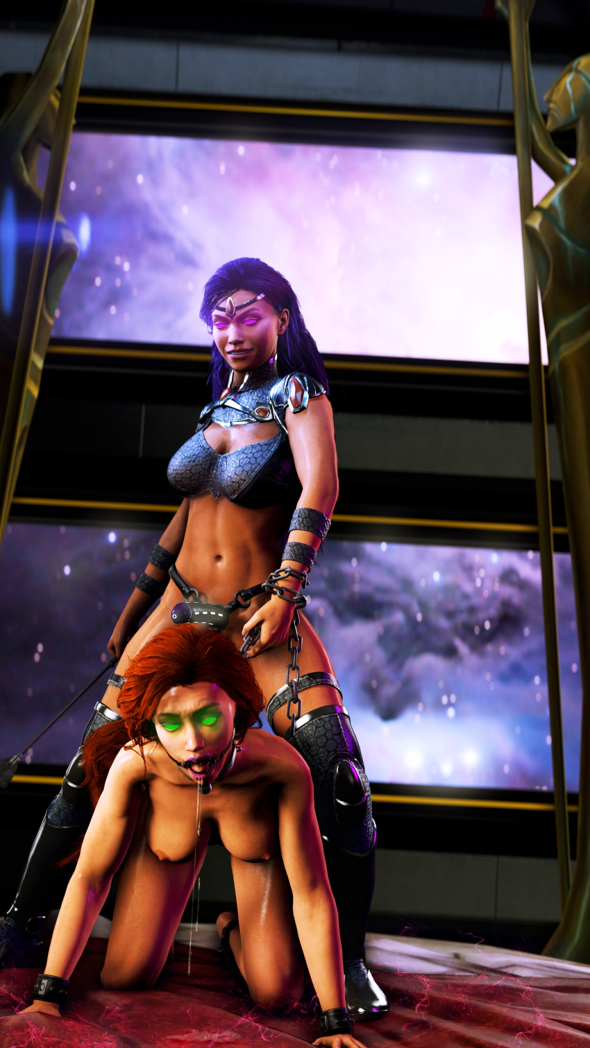 2girls 3d 3d_(artwork) alien alien_girl alien_look_like_human all_fours areola areolae bare_shoulders big_breasts blackfire blue_hair bondage bottomless breasts chains cheopsfm clothed clothed_female_nude_female clothes clothing collar completely_nude dark_hair dc dc_comics detailed_background drooling duo female female/female female_only femdom femsub footwear gag glowing_eyes green_eyes hair humanoid incest indoors injustice_2 komand'r koriand'r large_breasts leash lezdom lipstick long_hair makeup mouth_open multiple_females multiple_girls naked navel nipples no_bra no_humans no_panties no_underwear nude nude_female nudity open_eyes open_mouth open_mouth_gag orange_skin purple_eyes purple_lips purple_lipstick red_hair redhead riding_crop ring_gag saliva sex_toy siblings sisters slave smile smiling source_filmmaker standing starfire starfire_(injustice) strap-on submissive submissive_female superheroine supervillain tamaranean tan-skinned_female tan_skin teen_titans thighhighs tiara tongue topless uncensored yuri