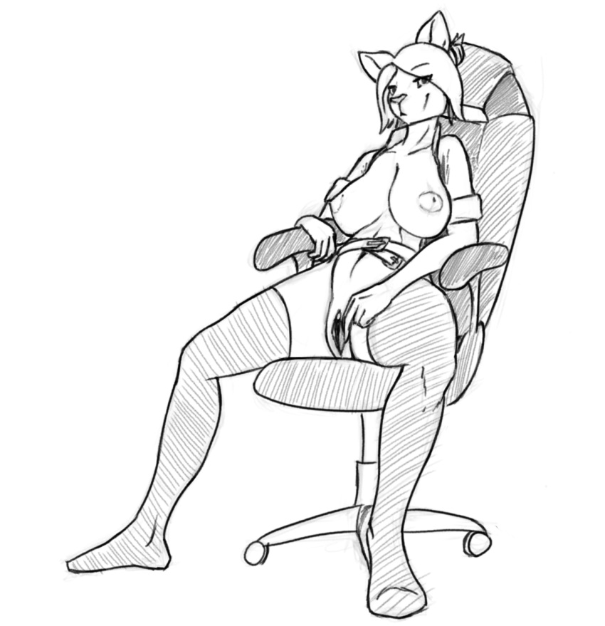 2019 anthro belt big_breasts bottomwear breasts clothing digital_media_(artwork) domestic_cat felid feline felis female free_art fur gaming_chair hair hi_res jacket jakethegoat legwear looking_at_viewer mammal nipples presenting pussy simple_background sitting sketch smile solo spread_legs spread_pussy spreading stockings topwear