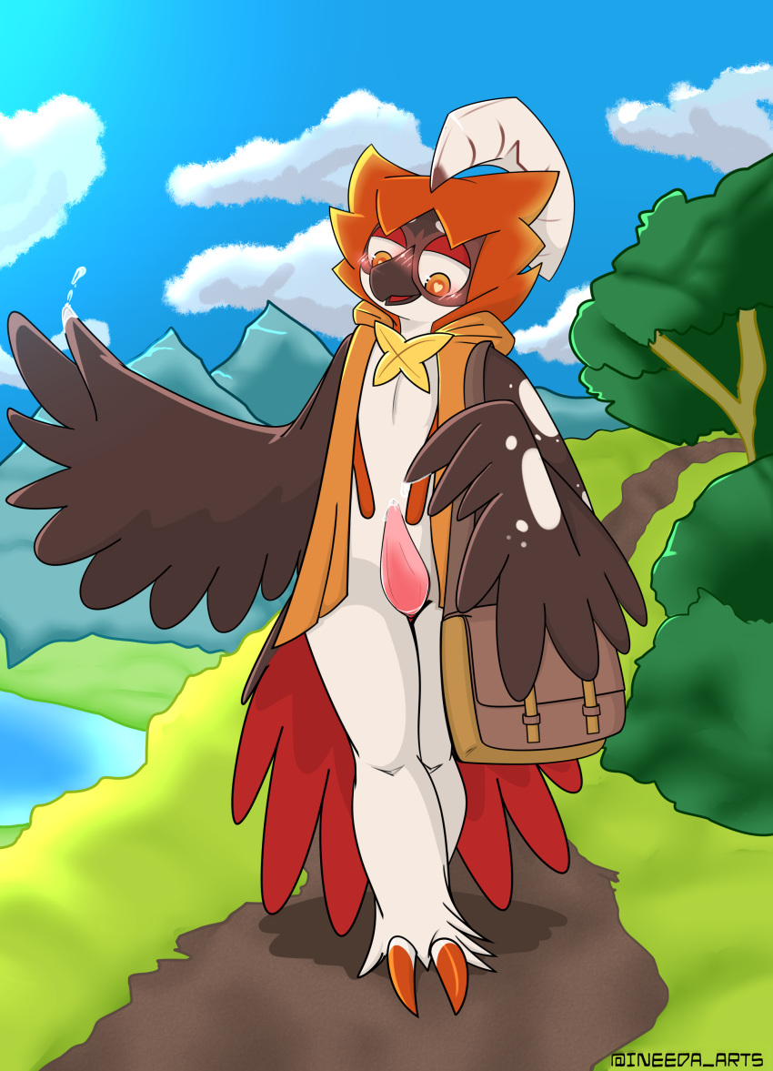 <3_eyes absurd_res anthro avian beak bodily_fluids cum decidueye feathers genital_fluids genitals heart hi_res ineedanaccount male male_only nintendo penis pokémon_(species) pokemon talons tapering_penis video_games wings