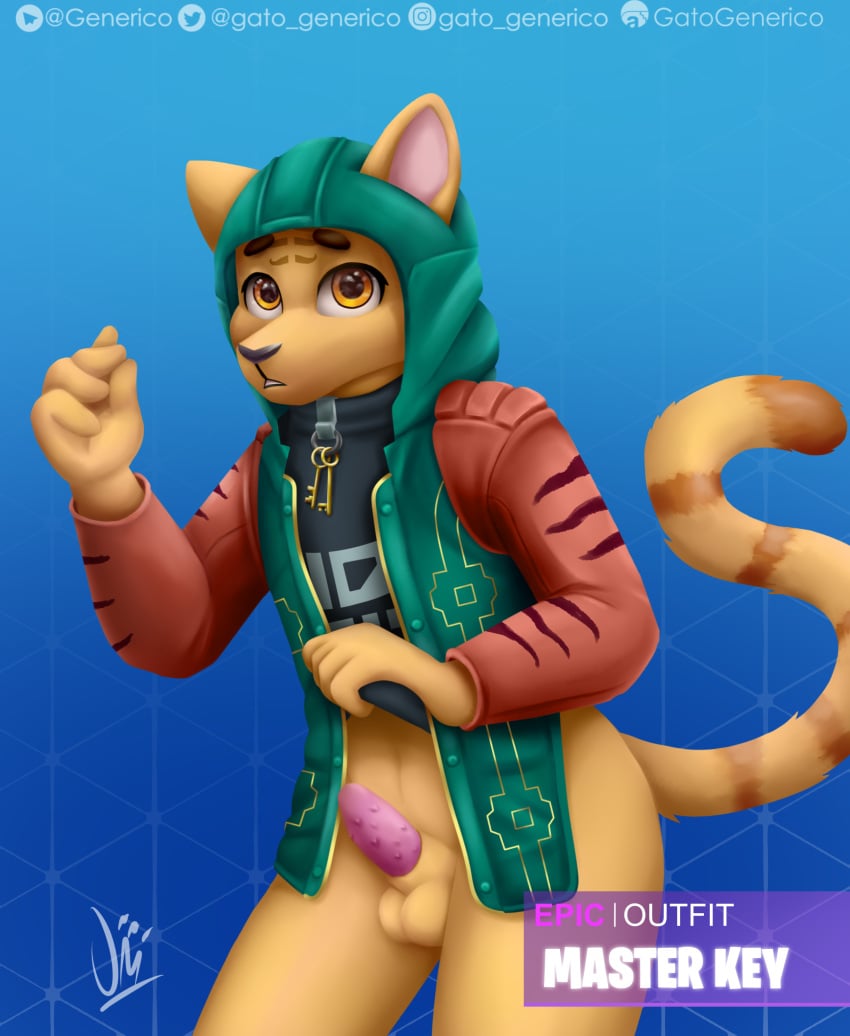 2019 animal_genitalia animal_penis clothed clothing digital_media_(artwork) epic_games felid feline feline_penis fortnite fur furry gatogenerico girly grabbing_shirt hi_res hoodie jacket looking_at_viewer male male_only mammal master_key_(fortnite) pantherine penis shirt shy solo_male tiger topwear video_games yellow_fur