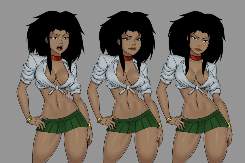 athletic black_eyes black_hair bracelet bracelets brown_eyes cheshire cleavage collar dc dcau gold_bracelet gold_jewelry green_skirt hand_on_hip hourglass_figure jade_nguyen long_hair microskirt miniskirt navel pose posing red_collar school_uniform schoolgirl_outfit slutty_outfit smiling smirking solo sunsetriders7 tan-skinned_female thick_thighs tied_shirt unifawn white_shirt white_topwear wide_hips wild_hair young_justice