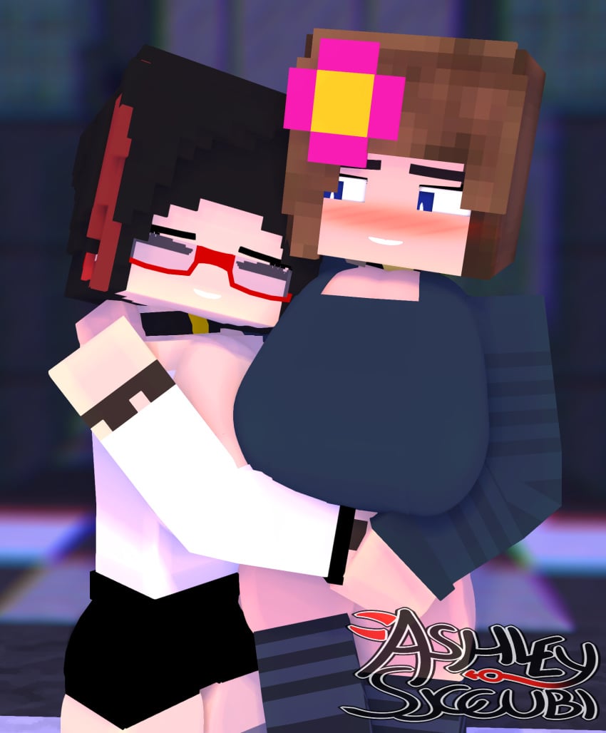 2girls 3d angel-matty angelmatty ashley_succubi big_breasts character commission demon_girl glasses horny_female human humanoid jenny_belle_(slipperyt) mine-imator minecraft succubus tagme yuri