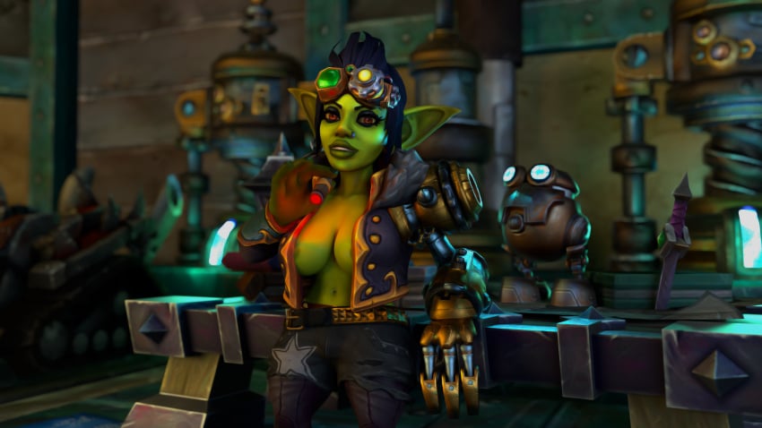 3d breasts casual_nudity cyborg engineer female forge gadgetzanauctionhouse goblin goblin_female robot_arm the_auctioneer_(gadgetzanauctionhouse) world_of_warcraft wow