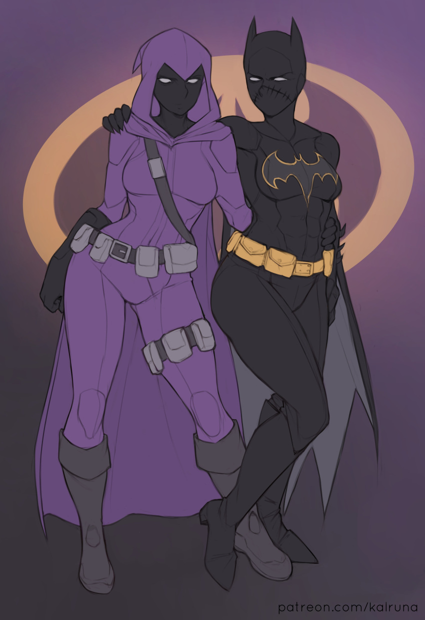 2d 2girls abs batgirl batgirl_(cassandra_cain) batman_(series) big_breasts breasts cape cassandra_cain clothed clothing dc dc_comics female female_focus female_only fit_female fully_clothed highres hood kalruna looking_at_viewer spoiler_(dc) stephanie_brown thick_thighs thighs white_eyes