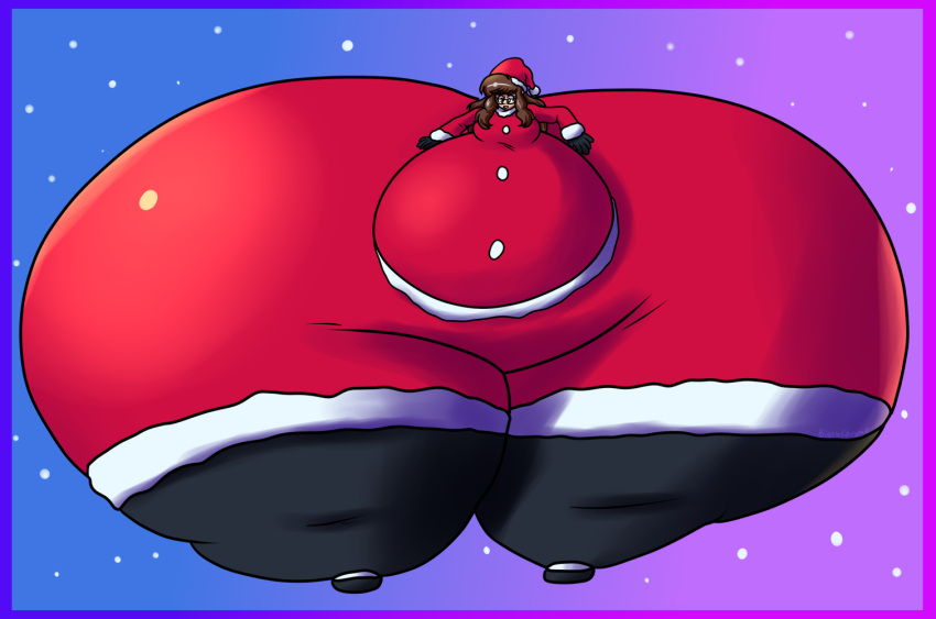 1girls big_ass big_breasts bigsychrome boots brown_hair christmas colossal_ass fat fat_ass fat_butt female giantess gigantic_ass glasses gloves huge_ass huge_belly long_hair nerd nerdy_female santa_costume santa_hat snowing thick_thighs thunder_thighs tight_clothing wide_hips