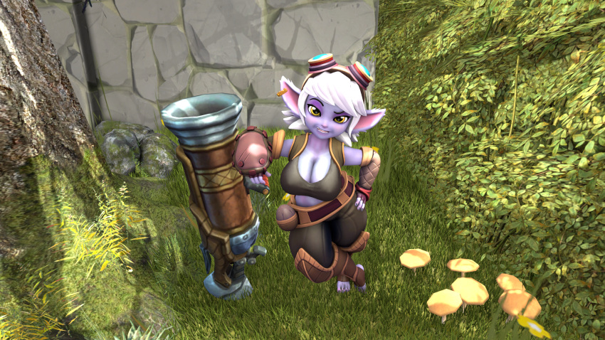 big_ass big_breasts cannon cleavage clothed ear_piercing female goggles goggles_on_head grass gun huge_breasts league_of_legends looking_at_viewer nature neoteny pointy_ears purple_skin short_ears short_hair shortstack small_but_busty smaller_female smirk smug solo tank_top thick_thighs thordersfm tree tristana weapon white_hair wide_hips yordle