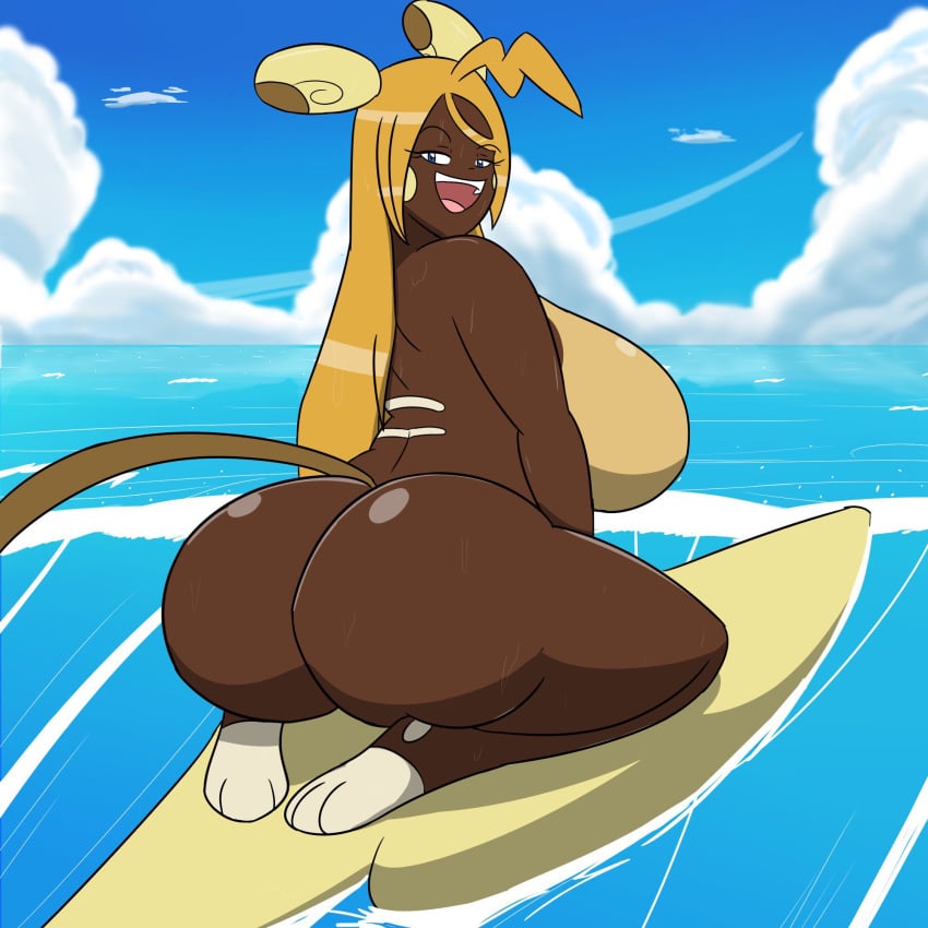 1girls 3_toes alolan_raichu alternate_color anthro anthrofied ass auntie_dakota_(igph) barefoot big_ass big_breasts big_ears big_feet big_tail blonde_hair brown_fur chubby clouds dark-skinned_female dark_skin day eye_contact feet female female_only furry hair_over_one_eye half-closed_eyes huge_ass huge_breasts igphhangout kneeling large_ass large_breasts long_hair long_tail looking_at_viewer nintendo nude ocean original_character outdoors paws pokémon_(species) pokemon pokemon_(species) pokemon_sm raichu rodent seductive seductive_smile shiny_pokemon sideboob sky smile source_request surfing tagme tail thick_thighs water white_fur wide_hips