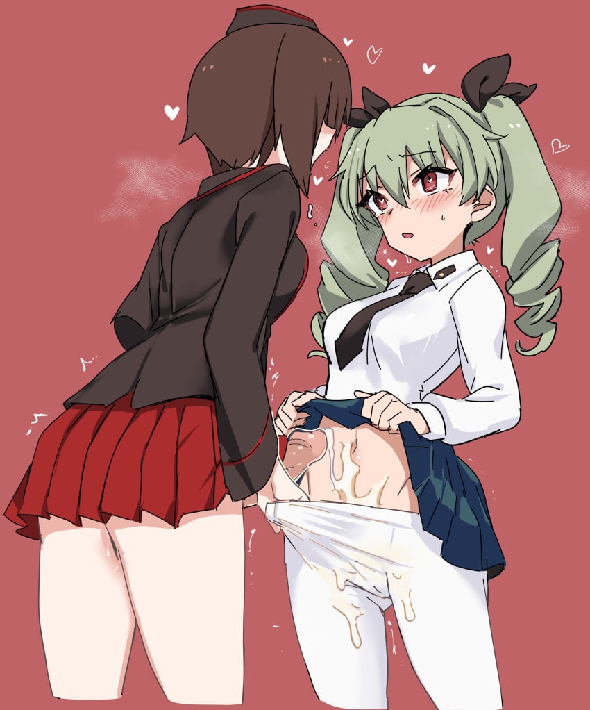 1futa 1girls absurdres anchovy anzio_school_uniform aomushi_(mushamusha) bangs black_jacket blush breath brown_hair cum cum_in_pants cum_in_underwear cum_into_panties cum_on_body cum_on_clothes cum_wearing cum_wearing_(pants) cumming_into_panties dress_shirt drill_hair ejaculation emblem eye_contact futa_with_female futanari garrison_cap girls_und_panzer green_hair hat heart heart-shaped_pupils highres intersex jacket kuromorimine_military_uniform long_hair long_sleeves looking_at_another military_hat multiple_girls navel nishizumi_maho pantyhose pantyhose_pull penis pink_background pleated_skirt red_eyes red_skirt school_uniform shirt short_hair simple_background skirt skirt_lift sweat symbol-shaped_pupils trembling twin_drills twintails white_shirt