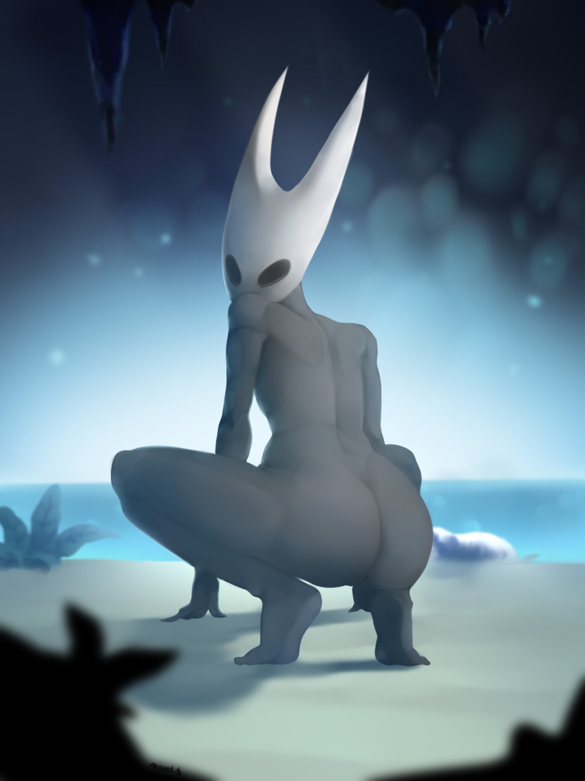 argustte ass crouching female hi_res hollow_knight hornet_(hollow_knight) insect looking_at_viewer looking_back nude pussy solo