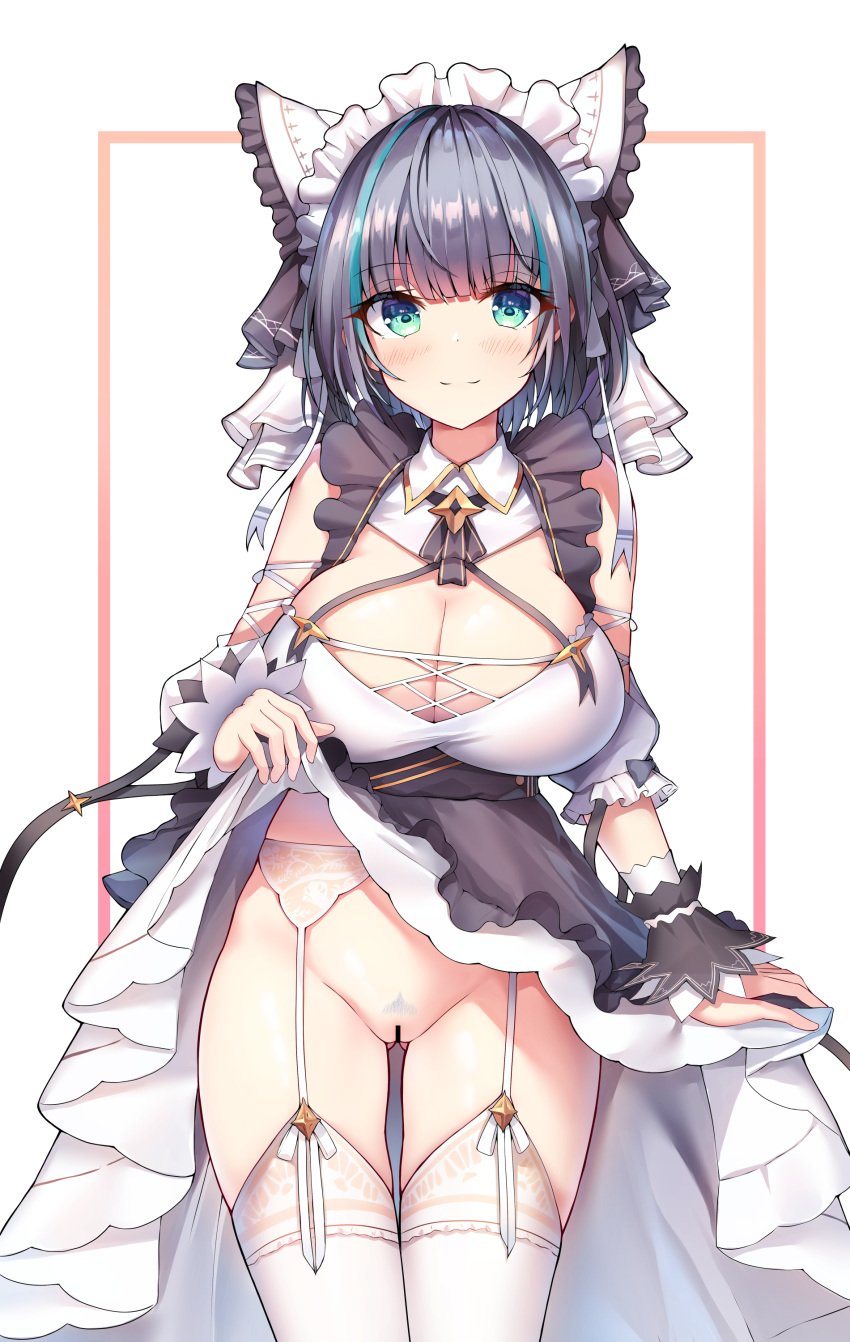 azur_lane censored cheshire_(azur_lane) cleavage maid pubic_hair pussy skirt_lift sobmarine stockings thighhighs