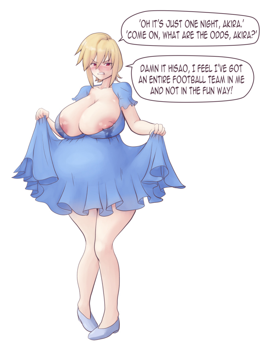 1girls angry big_breasts blonde_hair blue_dress blue_shoes blush breasts breasts_out clavicle collarbone dress dress_lift english_text female katawa_shoujo lactation lactation_through_clothes leaking_nipples light-skinned_female light_skin milk_leaking nipples pigeon-toed pigeon_toed pregnant red_eyes req reqqles satou_akira shoes short_hair solo solo_female speech_bubble straight white_background