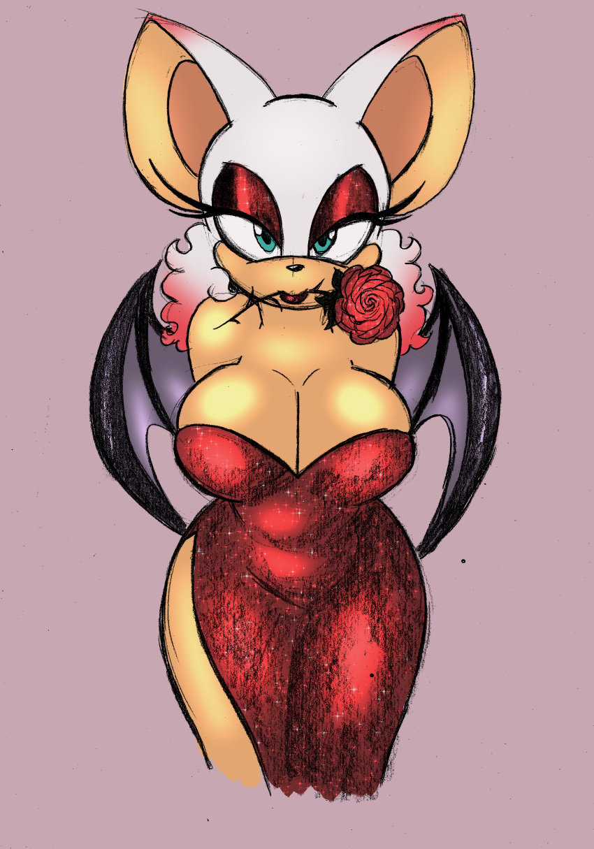 anthro bare_shoulders bat_wings breasts cleavage dress eyeshadow female female_only flower furry large_breasts lipstick makeup mouth_hold omegasunburst red_dress rouge_the_bat sega sonic_(series) wings