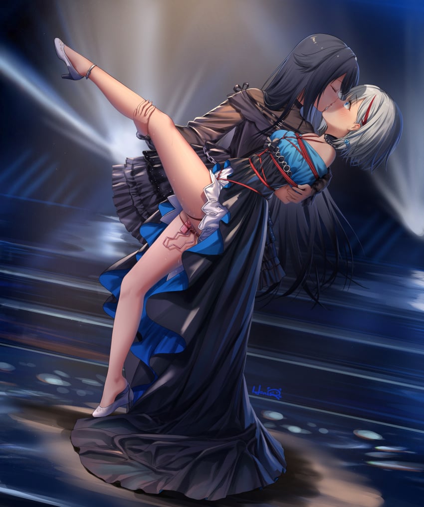 2girls arms_behind_back azur_lane black_hair bondage bound bound_arms clothed clothing dancing eyes_closed female female_only femdom femsub forced forced_kiss forced_yuri haneru high_heels leg_hold leg_up long_hair multiple_girls red_rope restrained rope rope_bondage skirt skirt_lift tied_up very_long_hair vibrator white_hair yuri