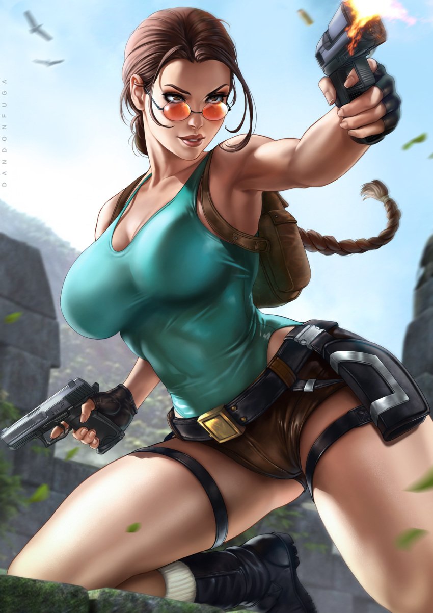 1girls alternate_breast_size backpack bag big_breasts bodysuit breasts cameltoe cleavage clothing dandon_fuga dual_wielding female female_only firearm footwear gun handgun handwear holster human lara_croft lara_croft_(classic) large_breasts leotard looking_over_eyewear looking_over_glasses muzzle_flash outdoors pinup pistol red-tinted_eyewear short_shorts solo sunglasses thighband tinted_eyewear tomb_raider torsowear weapon