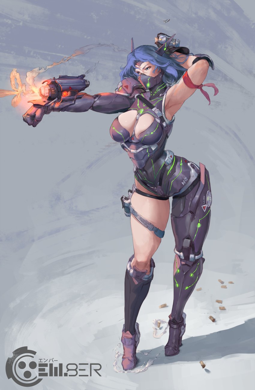 absurdres arm_up armpits blue_eyes blue_hair breasts cleavage cutesexyrobutts cybernetic_parts female gun high_heels highres looking_to_the_side mask medium_breasts original paid_reward patreon_reward prosthesis prosthetic_leg short_hair solo thigh_strap thighs weapon