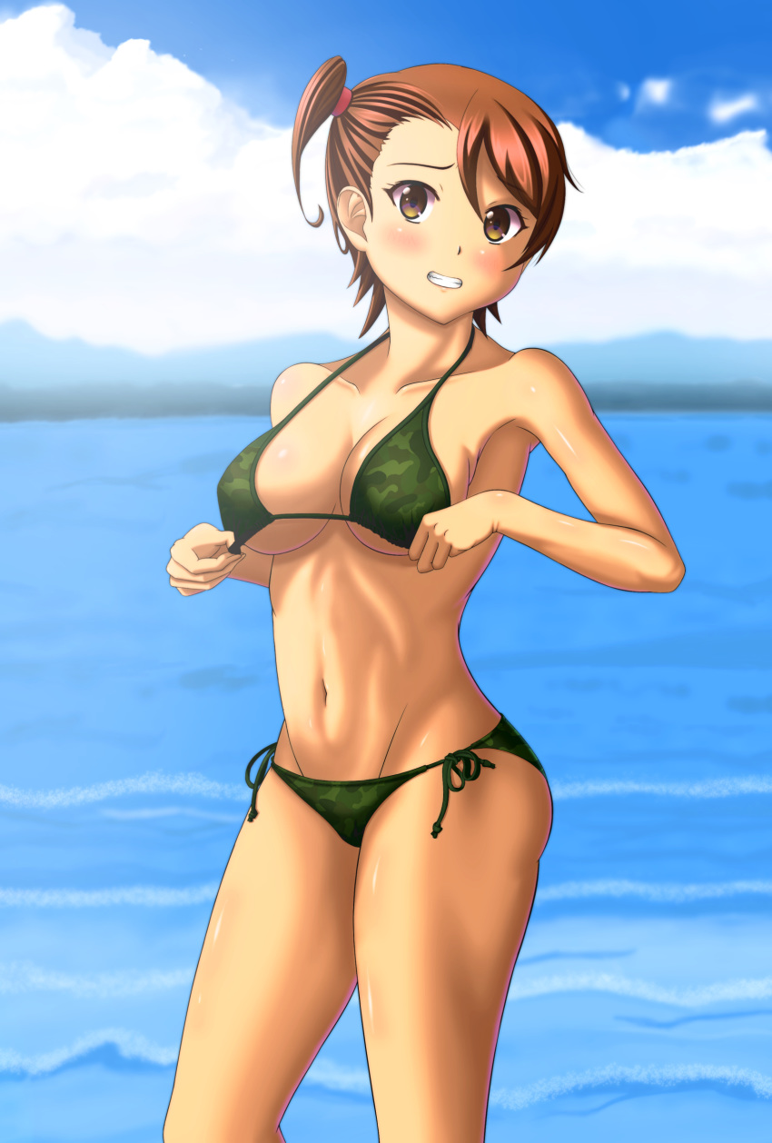 1girls beach big_breasts bikini bikini_bottom bikini_top breasts female female_only gate_-_jieitai_ka_no_chi_nite_kaku_tatakaeri human kuribayashi_shino looking_at_viewer ocean solo