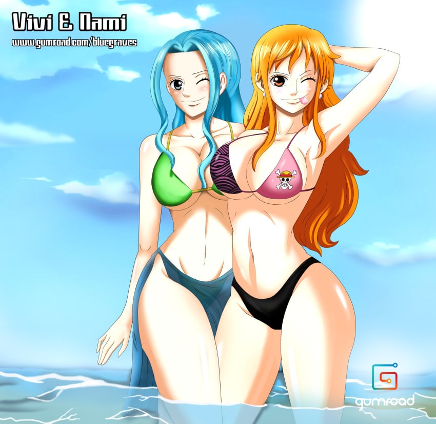 2girls beach big_breasts bikini bikini_top blue_hair bluegraves censored curvy female female_only large_breasts legs long_hair looking_at_viewer multiple_girls nami nefertari_vivi one_piece orange_hair pirate post-timeskip straw_hat summer swimsuit thighs tongue_out voluptuous water wink winking_at_viewer yuri