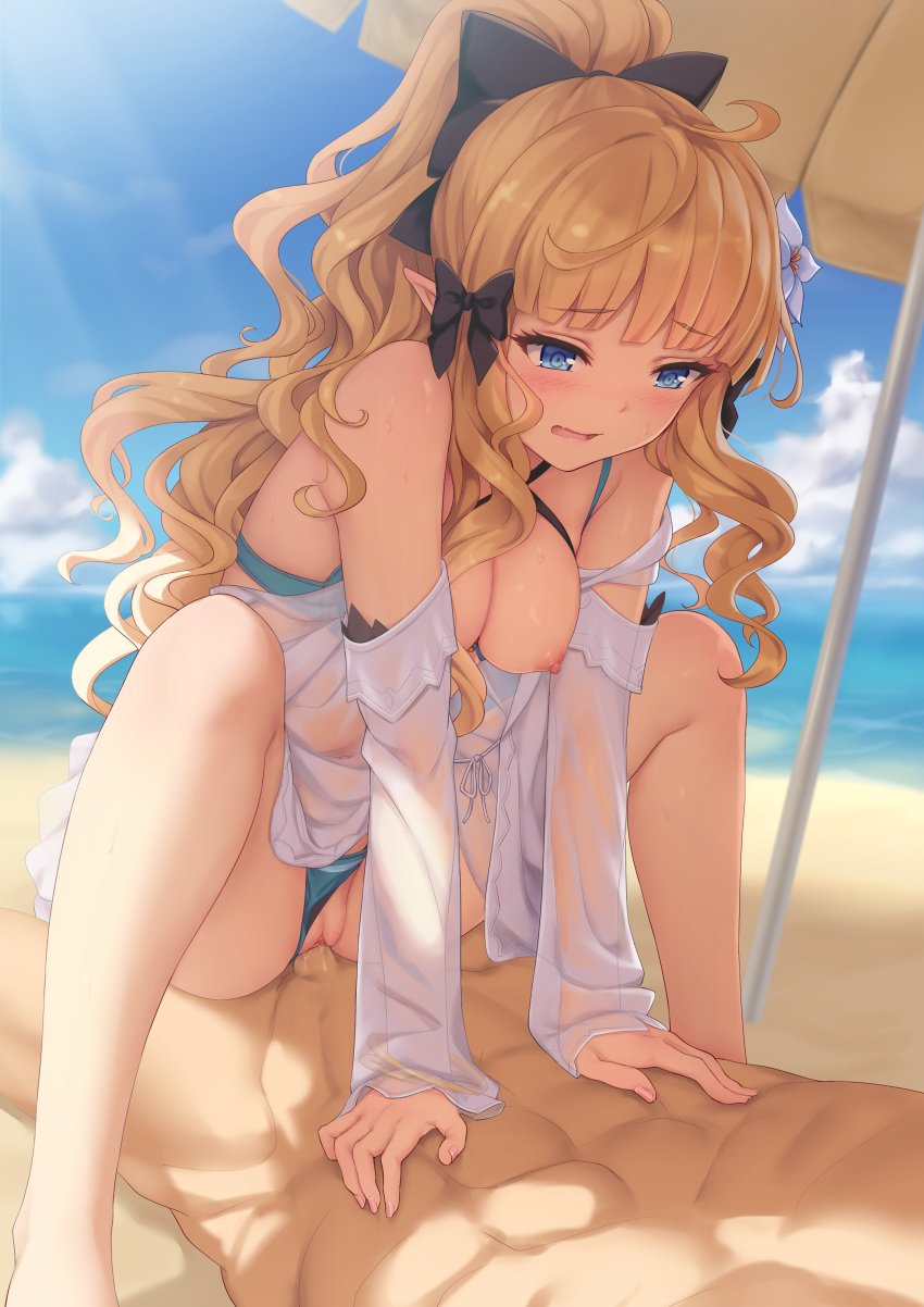 1boy 1girls abs alpha_(alpha91) beach bikini bikini_aside blonde_hair blue_eyes blush breasts hair_flower male_on_female male_penetrating nipples open_mouth penis pointy_ears princess_connect! princess_connect!_re:dive pussy saren_(princess_connect!) see_through sex swimsuits thong thong_aside uncensored vaginal_penetration