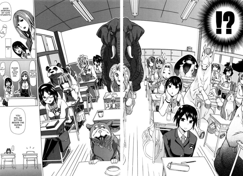 6+girls 9animals chikiko classroom dialogue juukan_kyoushitsu_-_bestiality_class mizutani_(bestiality_classroom) school school_uniform schoolgirl speech_bubble zoophilia