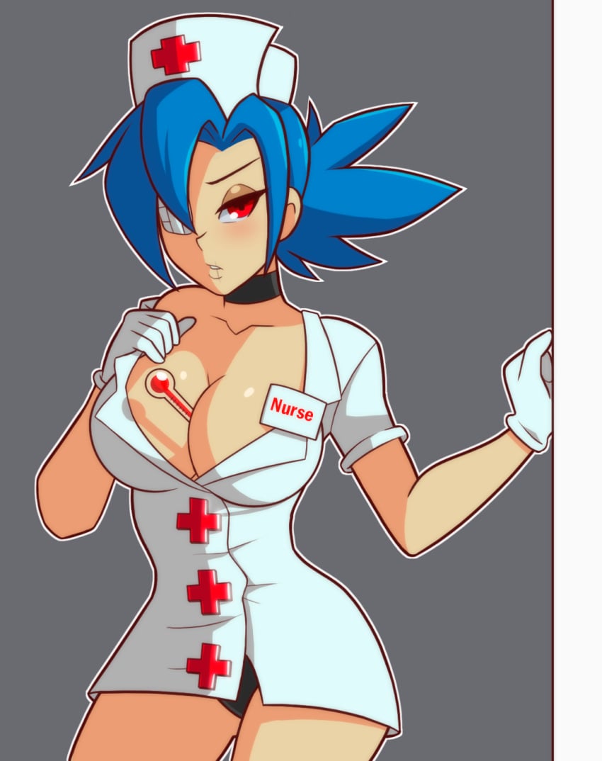 1girls bedroom_eyes between_breasts black_panties blue_hair breasts chemical_bro choker cleavage eyepatch eyeshadow gloves hair_over_one_eye large_breasts nurse nurse_cap panties red_eyes scar skullgirls solo thermometer valentine_(skullgirls) white_gloves