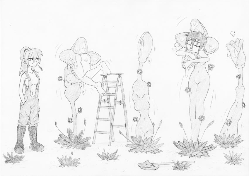 2011 5girls aroused carnivorous_plant clothing drool drooling farm feeding feeding_time female female_only female_prey flower flowers gasp gulp human human_only ladder long_hair maximignon_(scaylid00d) nude open_mouth original overalls panting plant plant_vore ponytail short_hair shovel sketch story_in_description strain swallow tagme traditional_media_(artwork) vore