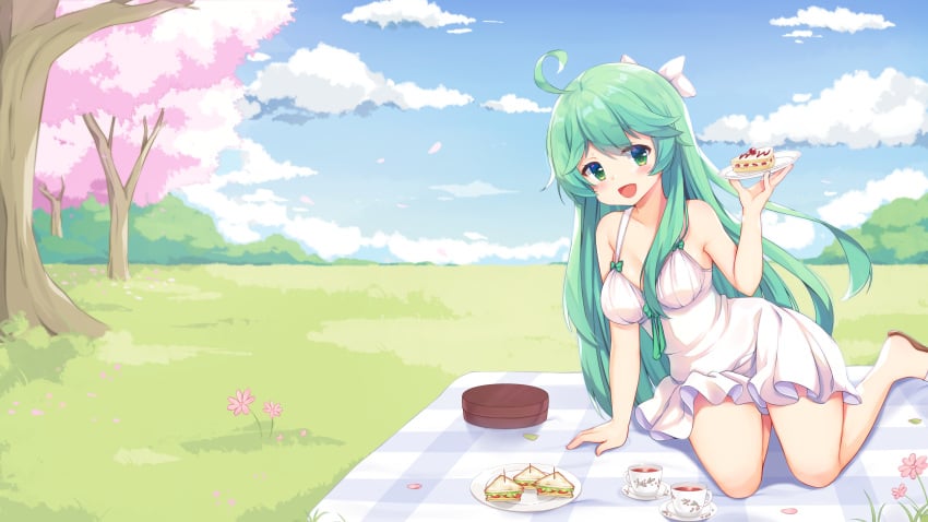 cake cloud dress feet_out_of_frame flower grass green_eyes green_hair long_hair mascot nyatrix outdoors picnic rule_34-tan site-tan sky smile tree website_mascot wholesome