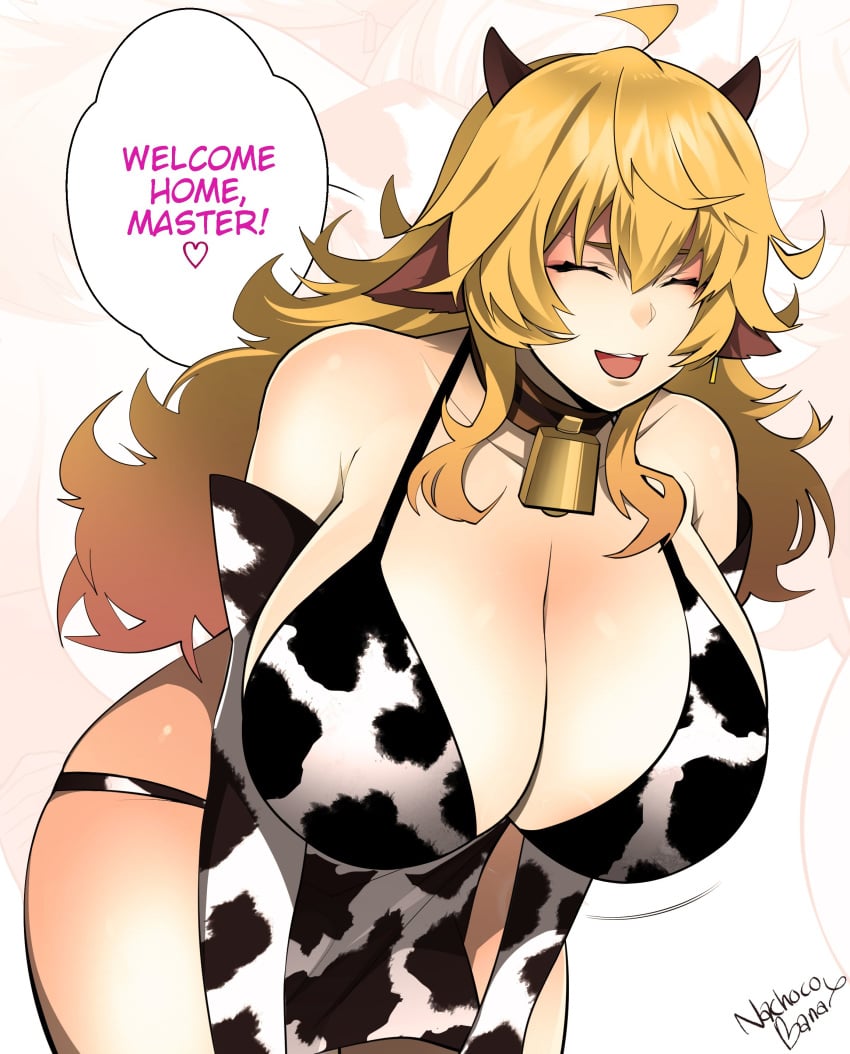 1girls ahoge alternate_breast_size alternate_outfit belly bent_over bikini blonde_hair breasts breasts_bigger_than_head cleavage collar cow_ears cow_girl cow_horns cow_print cowbell fake_horns female female_only femsub gloves greeting happy_sub heart horns huge_breasts long_hair nachocobana panties rwby smile solo speech_bubble spoken_heart standing talking_to_viewer text thick_thighs watermark wide_hips yang_xiao_long