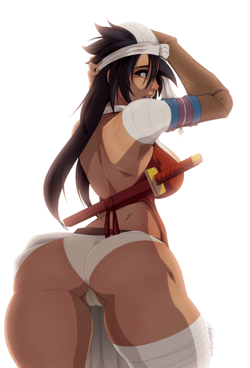 1girls amputee arm_wraps ass back_view bandage big_ass black_hair bleach breasts cameltoe clothed cowboy_shot curvy dat_ass female female_only hair_over_one_eye highres huge_ass human kukaku_shiba large_breasts leg_wraps long_hair looking_back panties partially_visible_vulva prosthetic prosthetic_arm rear_view sideboob solo source_removed sword sword_on_back thick_thighs tovio_rogers very_long_hair weapon wedgie white_background white_panties wraps