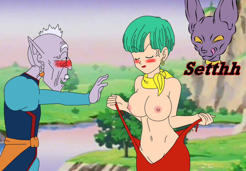 angry blush breasts bulma_briefs dragon_ball dragon_ball_super elder_kai female imminent_breast_grab imminent_sex lipstick male nipples presenting presenting_breasts setthh98 undressing