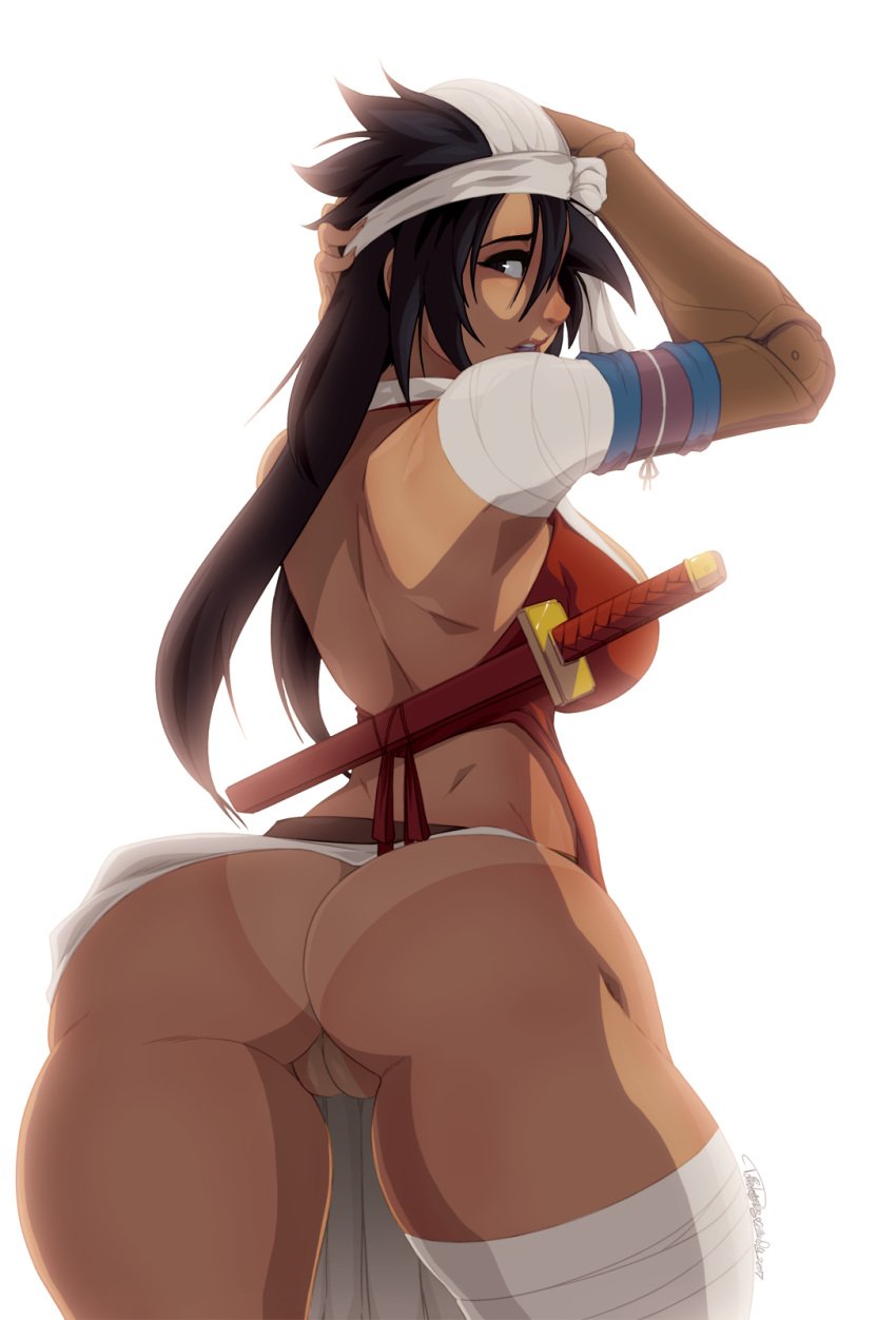 1girls amputee arm_wraps ass back_view bandage big_ass black_hair bleach bottomless breasts cameltoe clothed cowboy_shot curvy dat_ass dimples_of_venus female female_only hair_over_one_eye hairless_pussy highres huge_ass human innie_pussy kukaku_shiba large_breasts leg_wraps long_hair looking_back prosthetic prosthetic_arm pussy sideboob solo sword sword_on_back tanlines thick_thighs tovio_rogers very_long_hair weapon white_background wraps