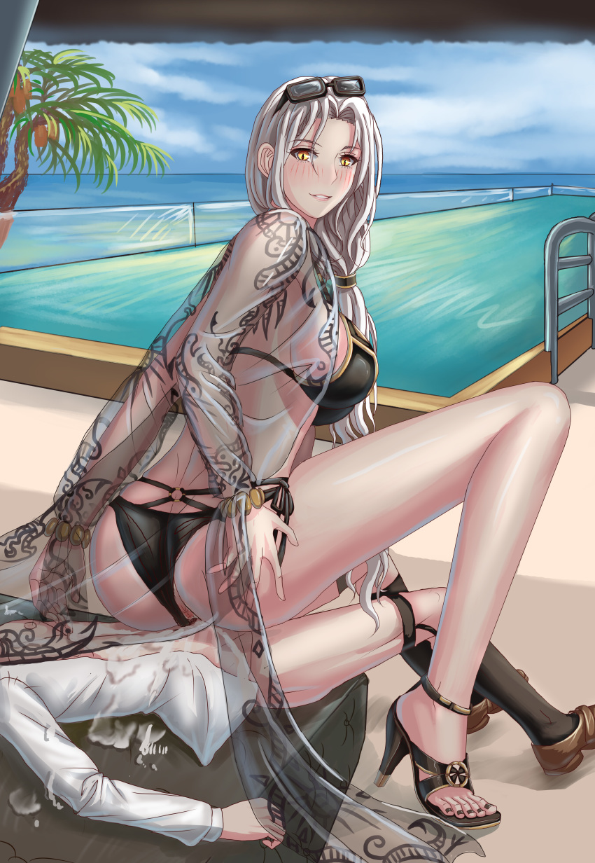 back_view blush carmilla_(fate) carmilla_(swimsuit_rider) cum cum_on_self fate/grand_order fate_(series) femdom girl_on_top high_heels looking_back milking mistress reverse_cowgirl_position reverse_rape sex sitting_on_person smile sunglasses_on_head swimming_pool swimsuit xzhz1996 yellow_eyes